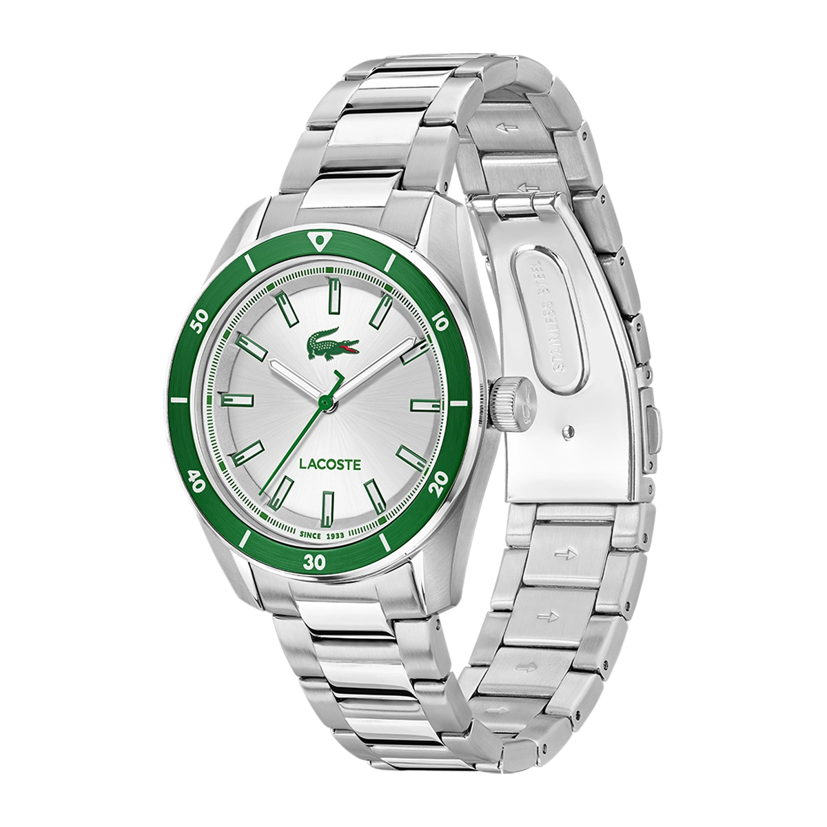 Reloj Lacoste análogo, para Hombre, tablero redondo color plateado, estilo index, pulso acero color plateado