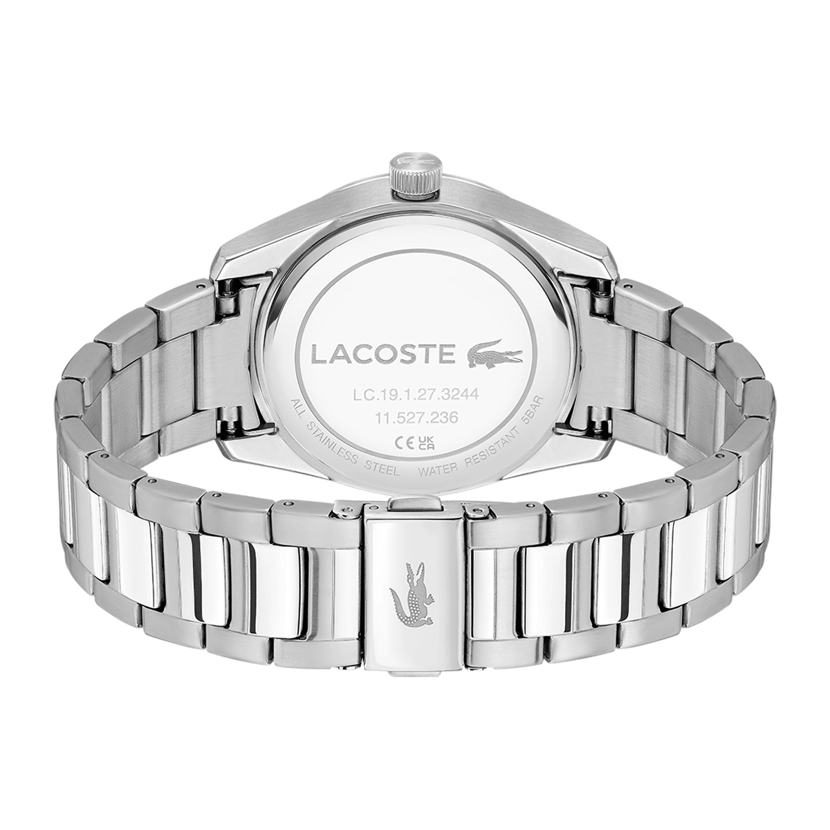 Reloj Lacoste análogo, para Hombre, tablero redondo color plateado, estilo index, pulso acero color plateado