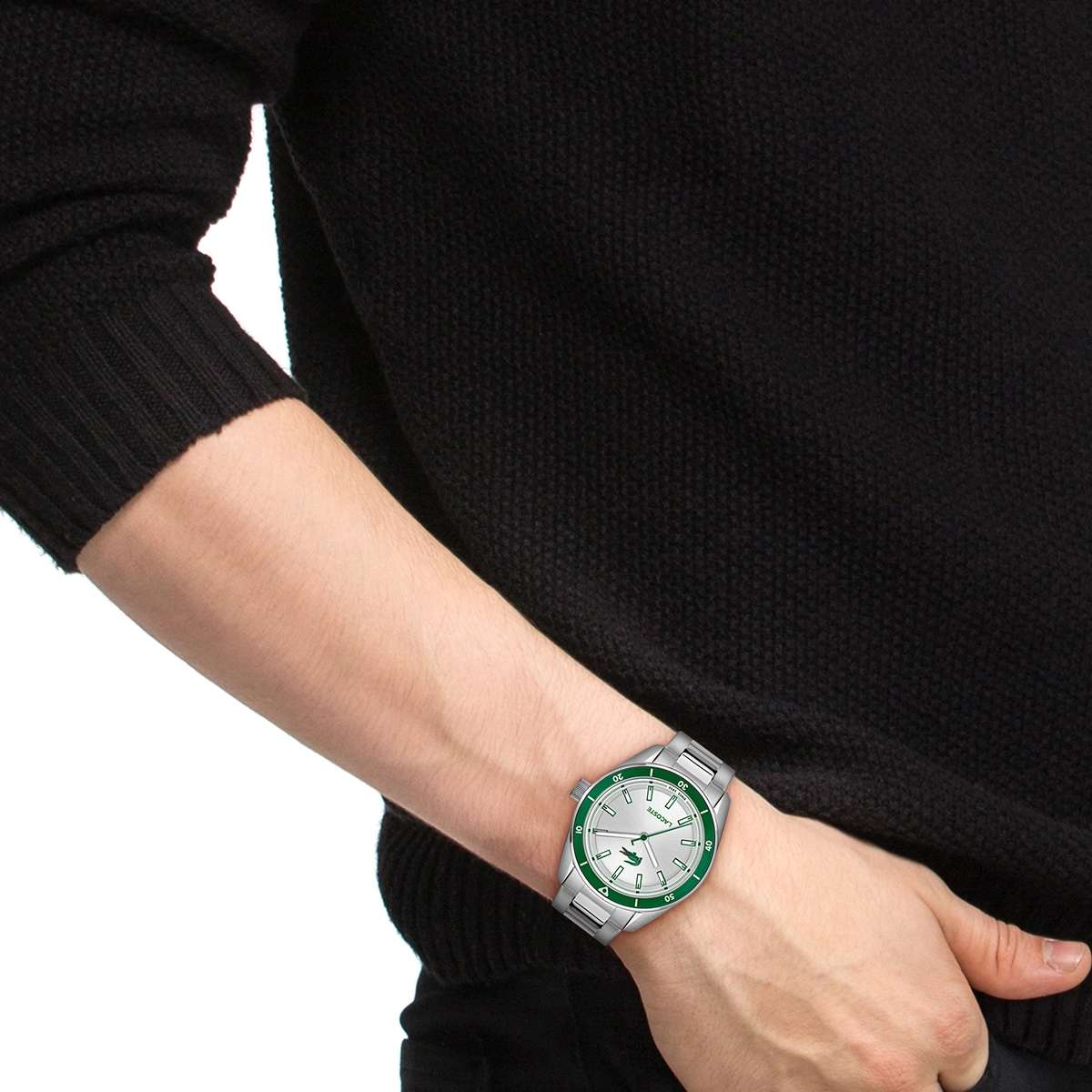 Reloj Lacoste análogo, para Hombre, tablero redondo color plateado, estilo index, pulso acero color plateado
