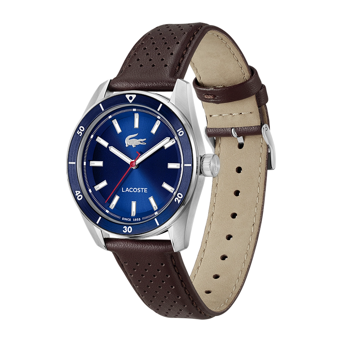 Reloj Lacoste análogo, para Hombre, tablero redondo colores azul y blanco, estilo index, pulso cuero color café