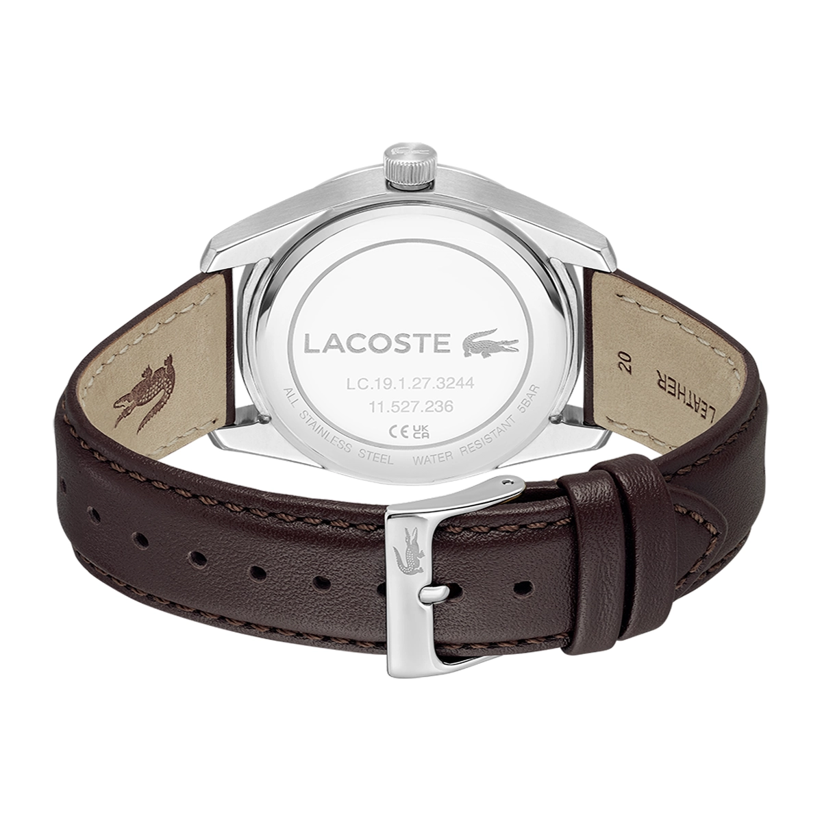 Reloj Lacoste análogo, para Hombre, tablero redondo colores azul y blanco, estilo index, pulso cuero color café