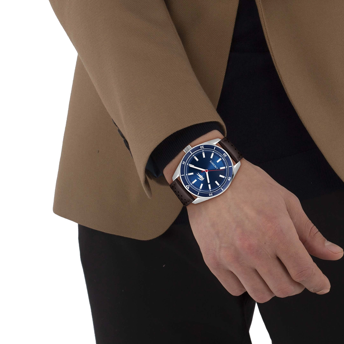 Reloj Lacoste análogo, para Hombre, tablero redondo colores azul y blanco, estilo index, pulso cuero color café