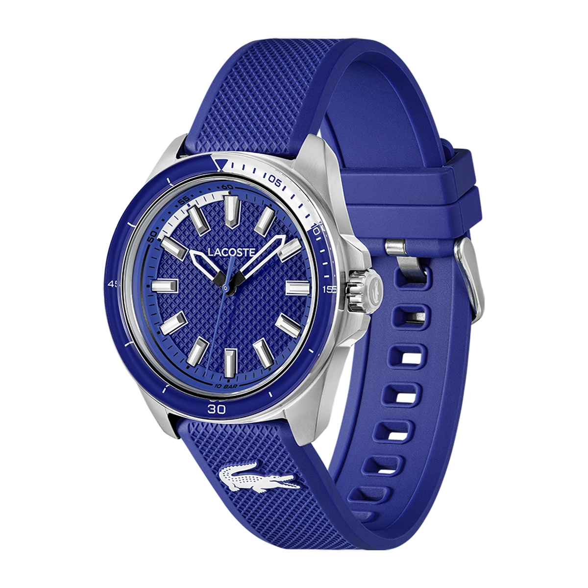 Reloj Lacoste análogo, para Hombre, tablero redondo color azul, estilo index, pulso silicona color azul