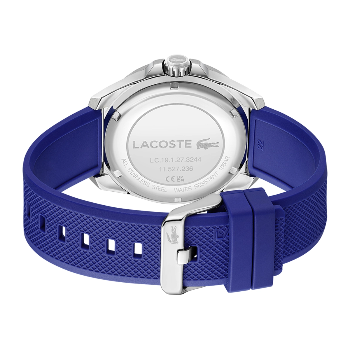 Reloj Lacoste análogo, para Hombre, tablero redondo color azul, estilo index, pulso silicona color azul