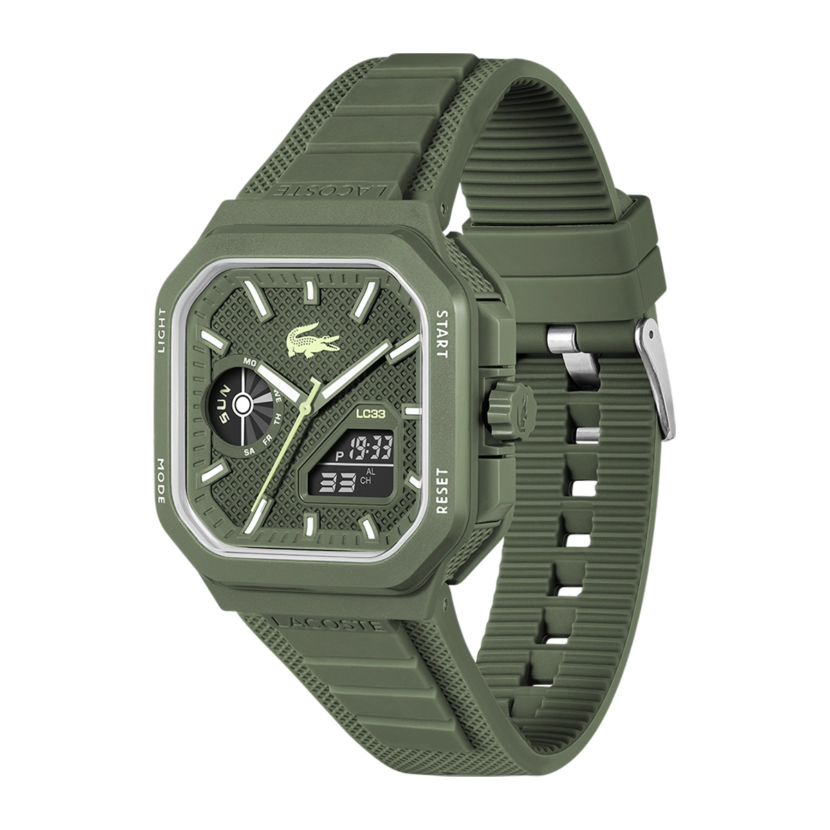 Reloj Lacoste análogo y digital, para Hombre, tablero cuadrado colores verde, blanco y verde, estilo index, pulso silicona colores verde y verde, calendario