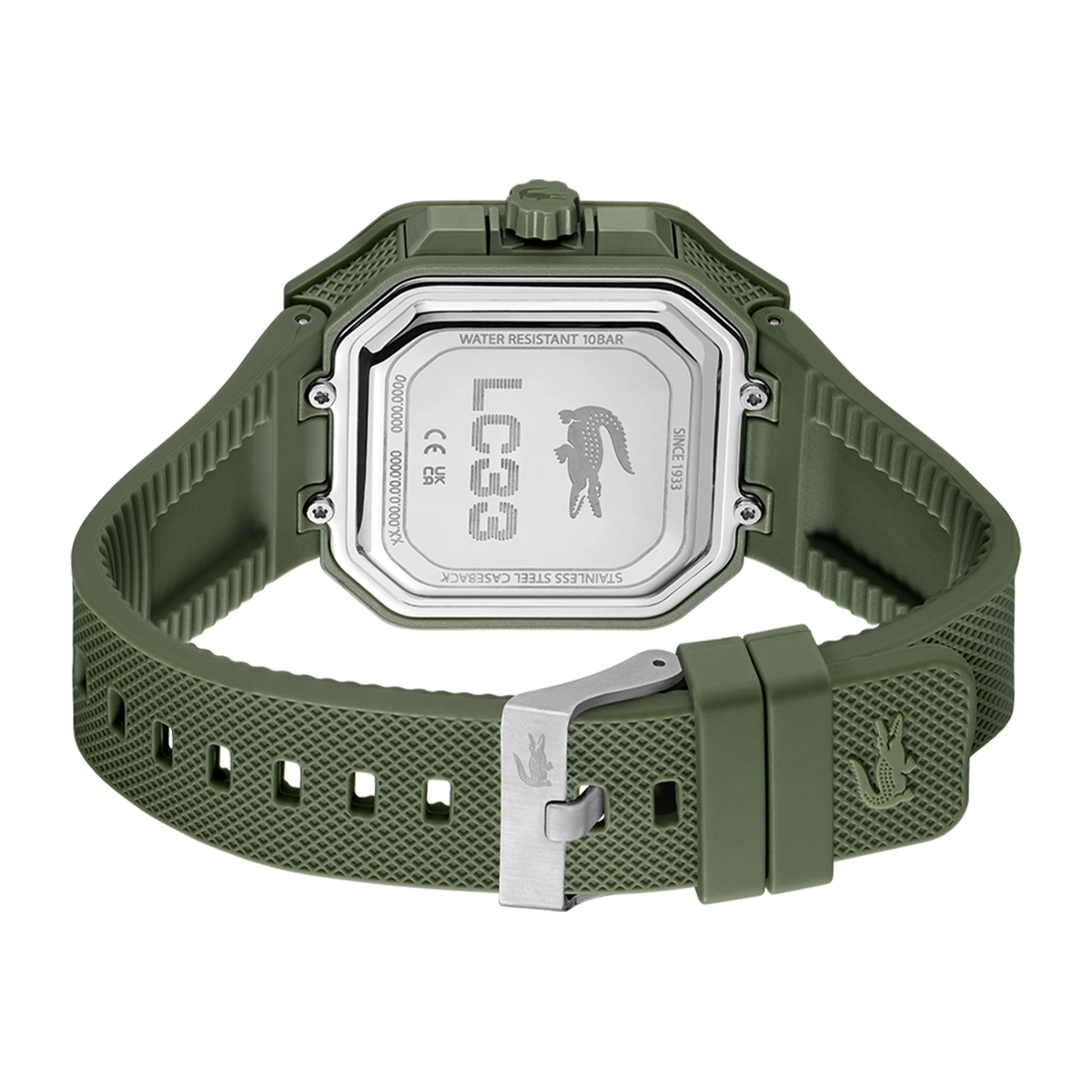 Reloj Lacoste análogo y digital, para Hombre, tablero cuadrado colores verde, blanco y verde, estilo index, pulso silicona colores verde y verde, calendario
