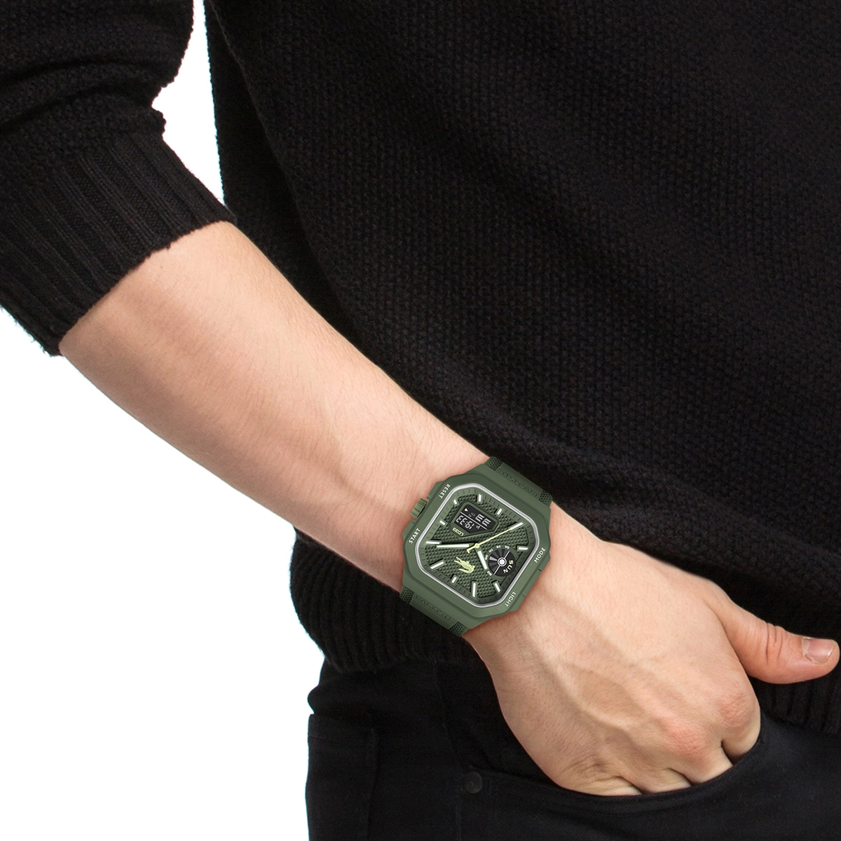 Reloj Lacoste análogo y digital, para Hombre, tablero cuadrado colores verde, blanco y verde, estilo index, pulso silicona colores verde y verde, calendario
