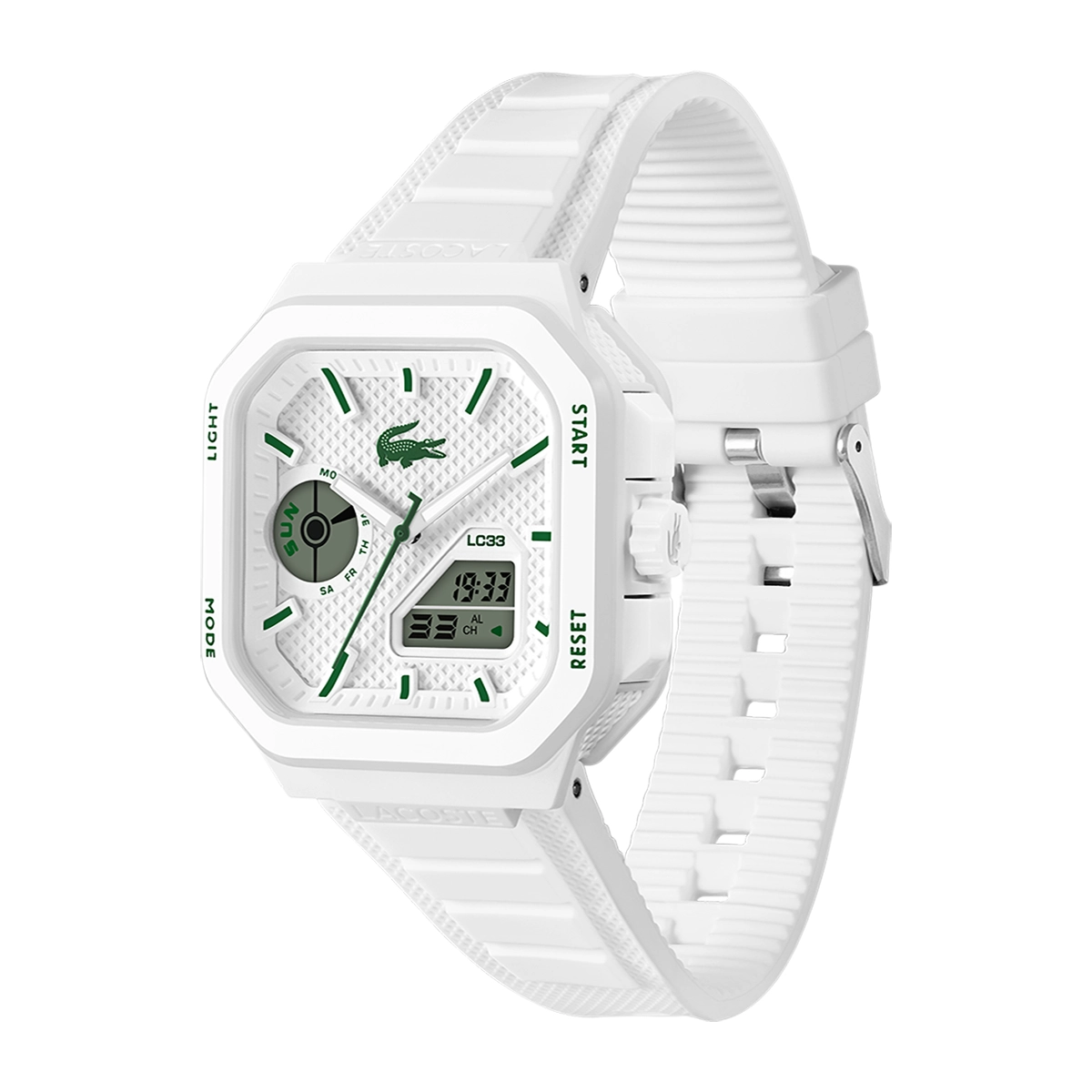 Reloj Lacoste análogo y digital, para Hombre, tablero cuadrado colores blanco y verde, estilo index, pulso silicona color blanco, calendario