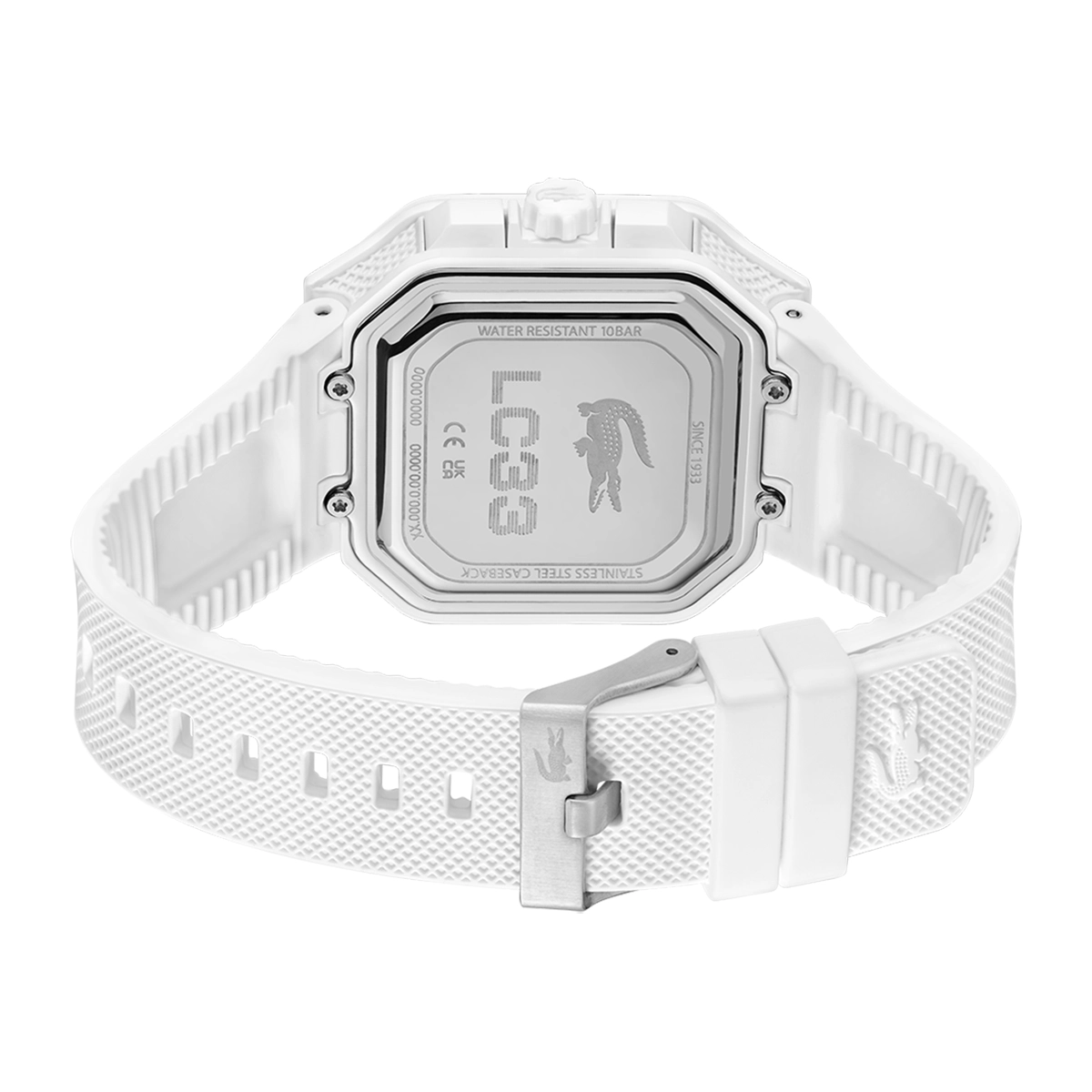 Reloj Lacoste análogo y digital, para Hombre, tablero cuadrado colores blanco y verde, estilo index, pulso silicona color blanco, calendario