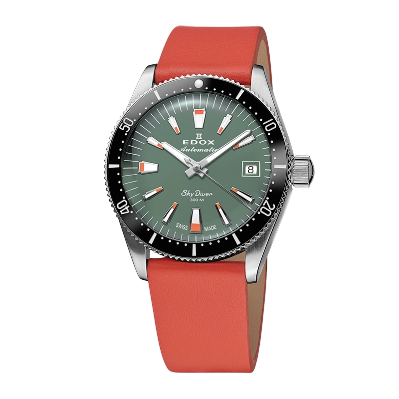 Reloj Edox análogo, Unisex, tablero redondo color verde, estilo index, pulso cuero color verde, calendario
