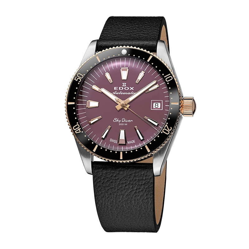 Reloj Edox análogo, Unisex, tablero redondo color morado, estilo index, pulso cuero color negro, calendario