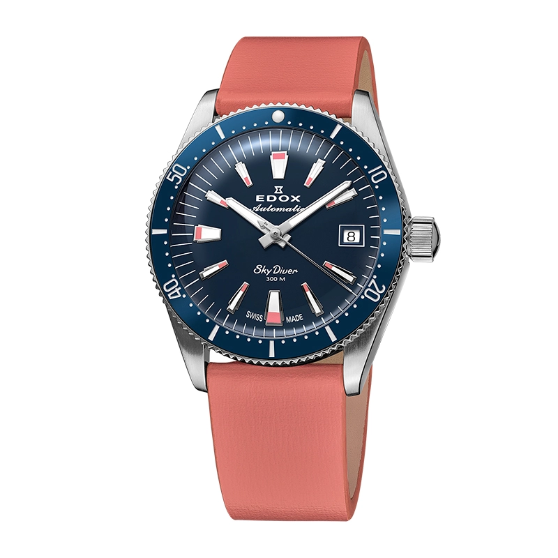 Reloj Edox análogo, Unisex, tablero redondo color azul, estilo index, pulso cuero color azul, calendario