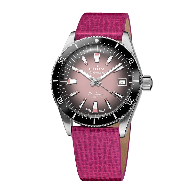 Reloj Edox análogo, Unisex, tablero redondo color rosado, estilo index, pulso cuero color rosado, calendario