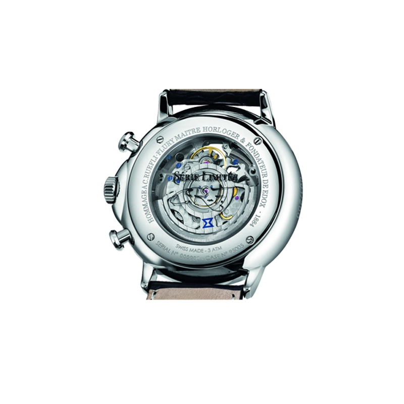 Reloj Edox análogo, para Hombre, tablero redondo color plateado, estilo index, pulso cuero color negro, cronografo