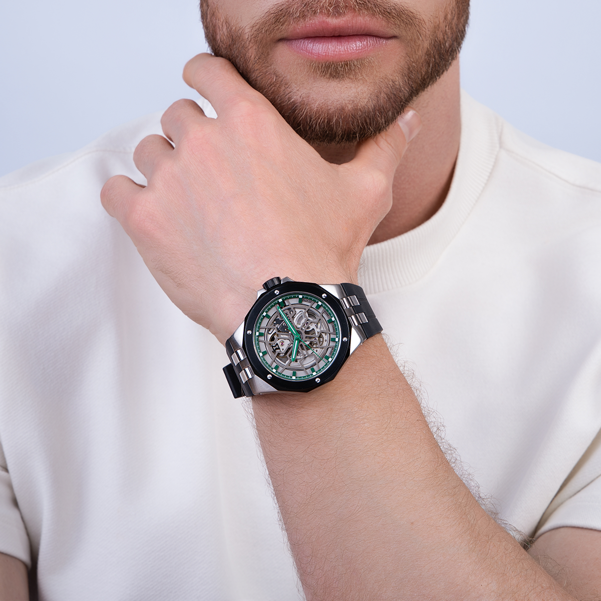 Reloj Edox análogo, para Hombre, tablero redondo colores plateado y verde, estilo index, pulso silicona color negro