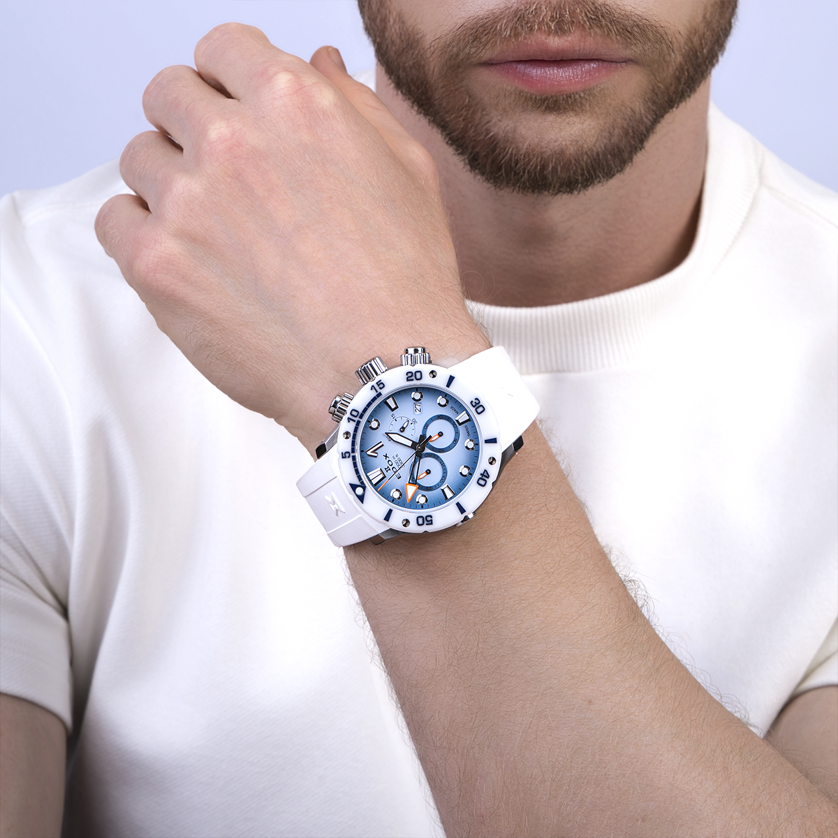 Reloj Edox análogo, para Hombre, tablero redondo color azul, estilo index + arábigo, pulso silicona color blanco, calendario, cronografo