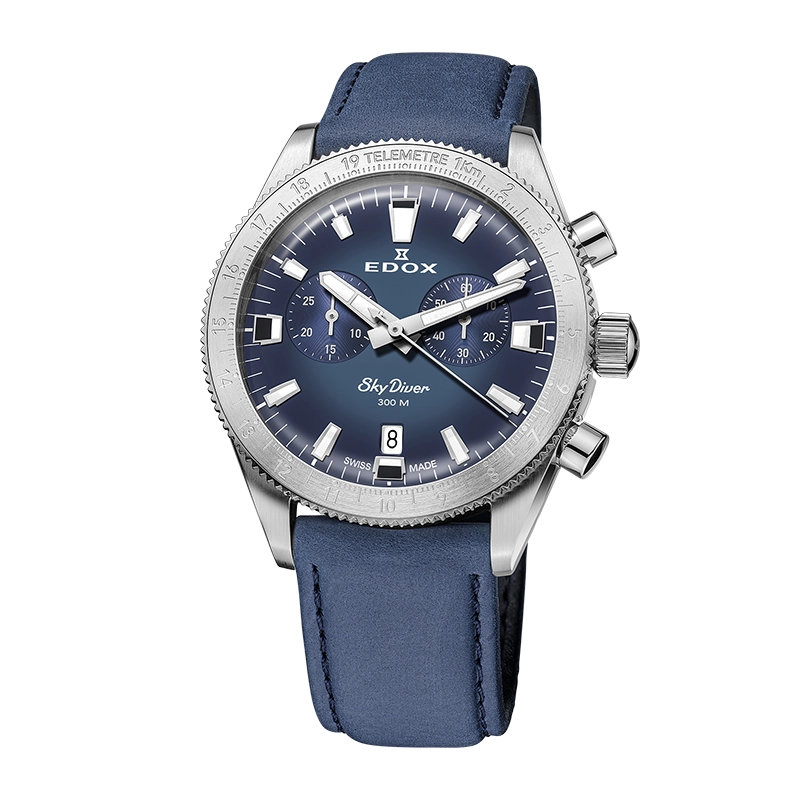 Reloj Edox análogo, para Hombre, tablero redondo color azul, estilo index, pulso acero color plateado, calendario, cronografo