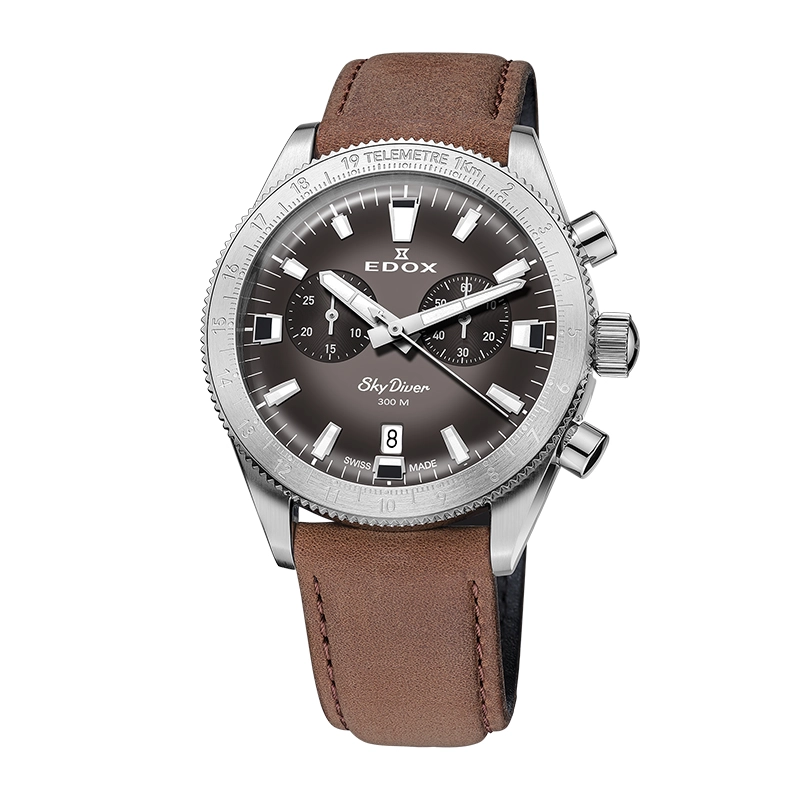 Reloj Edox análogo, para Hombre, tablero redondo colores gris y negro, estilo index, pulso acero color plateado, calendario, cronografo