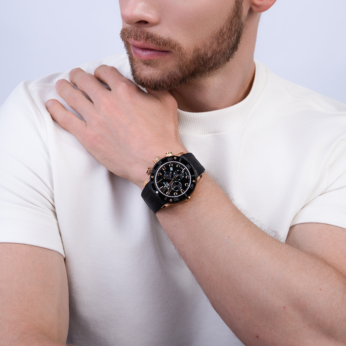 Reloj Edox análogo, para Hombre, tablero redondo colores negro y rosa, estilo index + puntos, pulso silicona color negro, calendario, cronografo