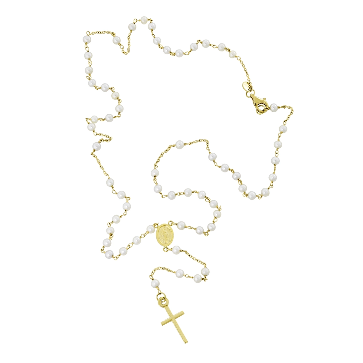 Camándula en oro amarillo de 18 Kilates, Camándula, con perlas de 3 mm de ancho aprox, 50 cm. de largo, 1 mm. de ancho