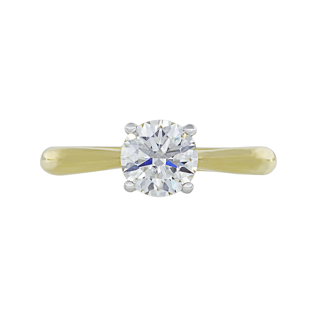 Anillo de compromiso solitario uñas, con diamante de laboratorio central redondo IGI de 1.00ct, oro tono amarillo 18k