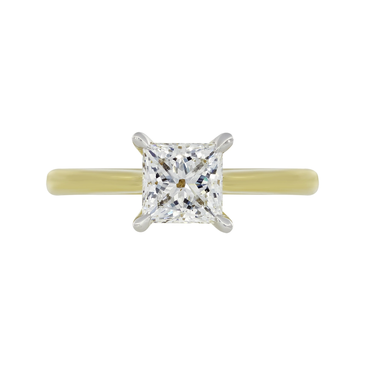 Anillo de compromiso solitario uñas, con diamante de laboratorio central princess IGI de 1.00ct, oro tono amarillo 18k, rodinado