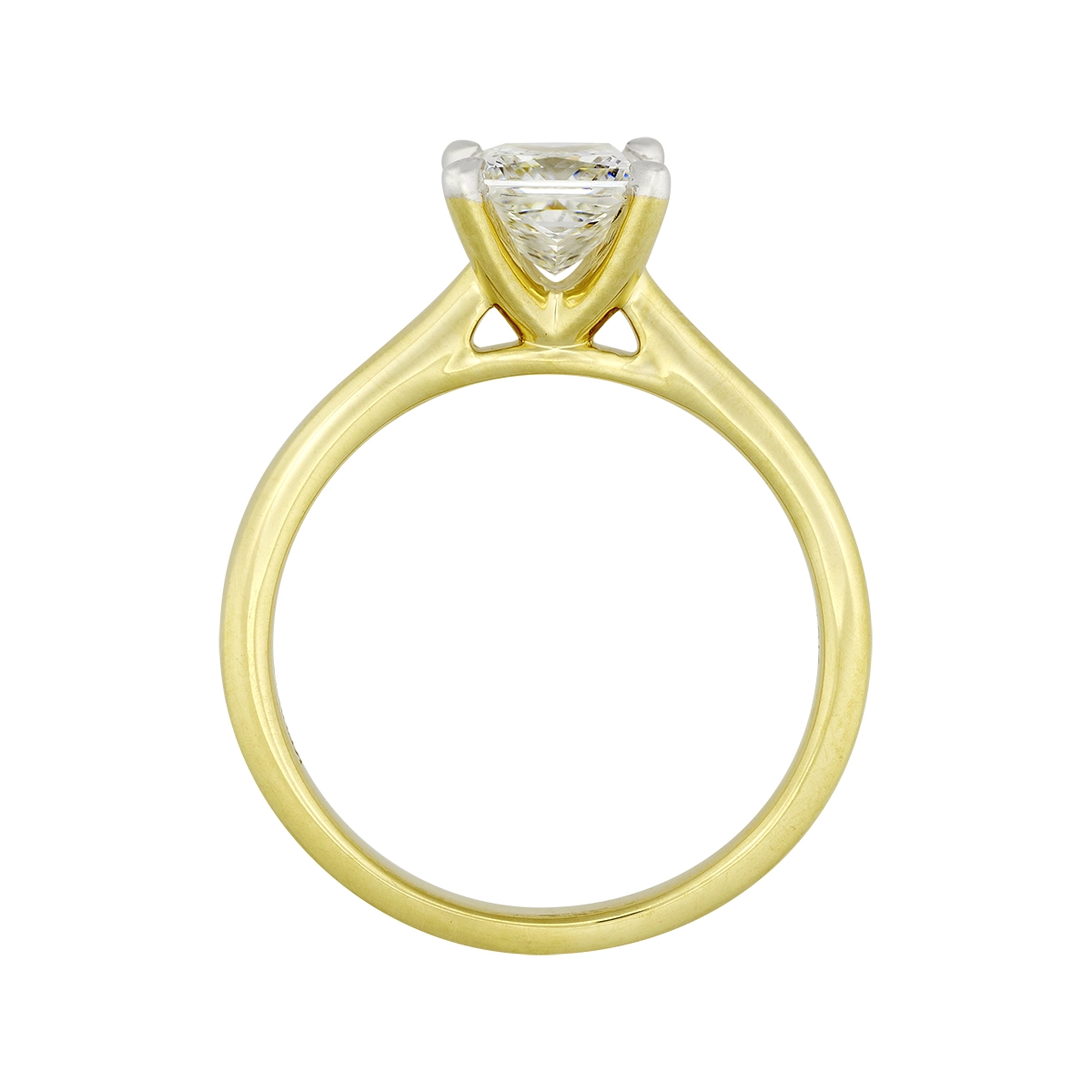 Anillo de compromiso solitario uñas, con diamante de laboratorio central princess IGI de 1.00ct, oro tono amarillo 18k, rodinado