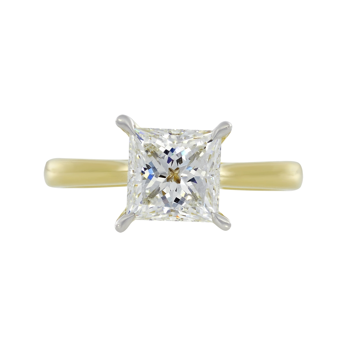 Anillo de compromiso solitario uñas, con diamante de laboratorio central princess IGI de 2.00ct, oro 2 tonos 18k, rodinado