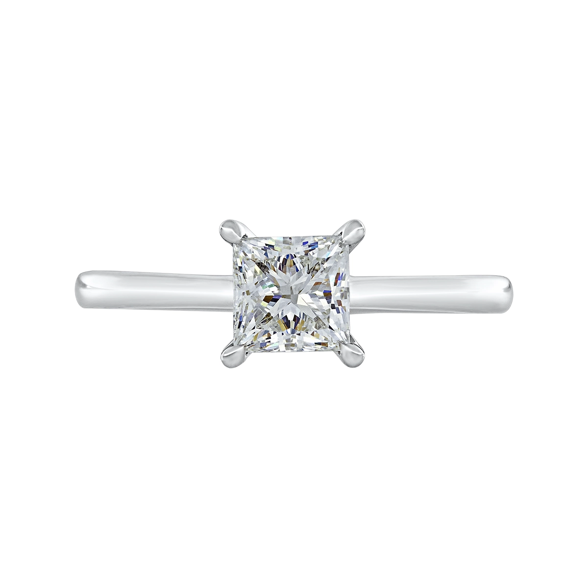 Anillo de compromiso solitario uñas, con diamante de laboratorio central princess IGI de 1.00ct, oro tono blanco 18k, rodinado