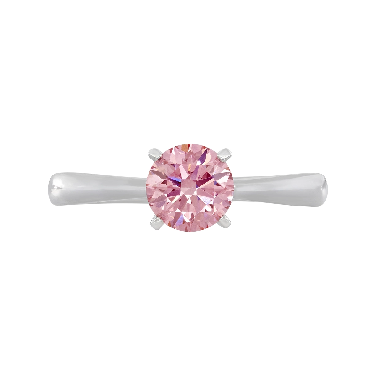 Anillo de compromiso solitario uñas, con diamante rosado de laboratorio central redondo IGI de 1.00ct, oro tono blanco 18k, rodinado