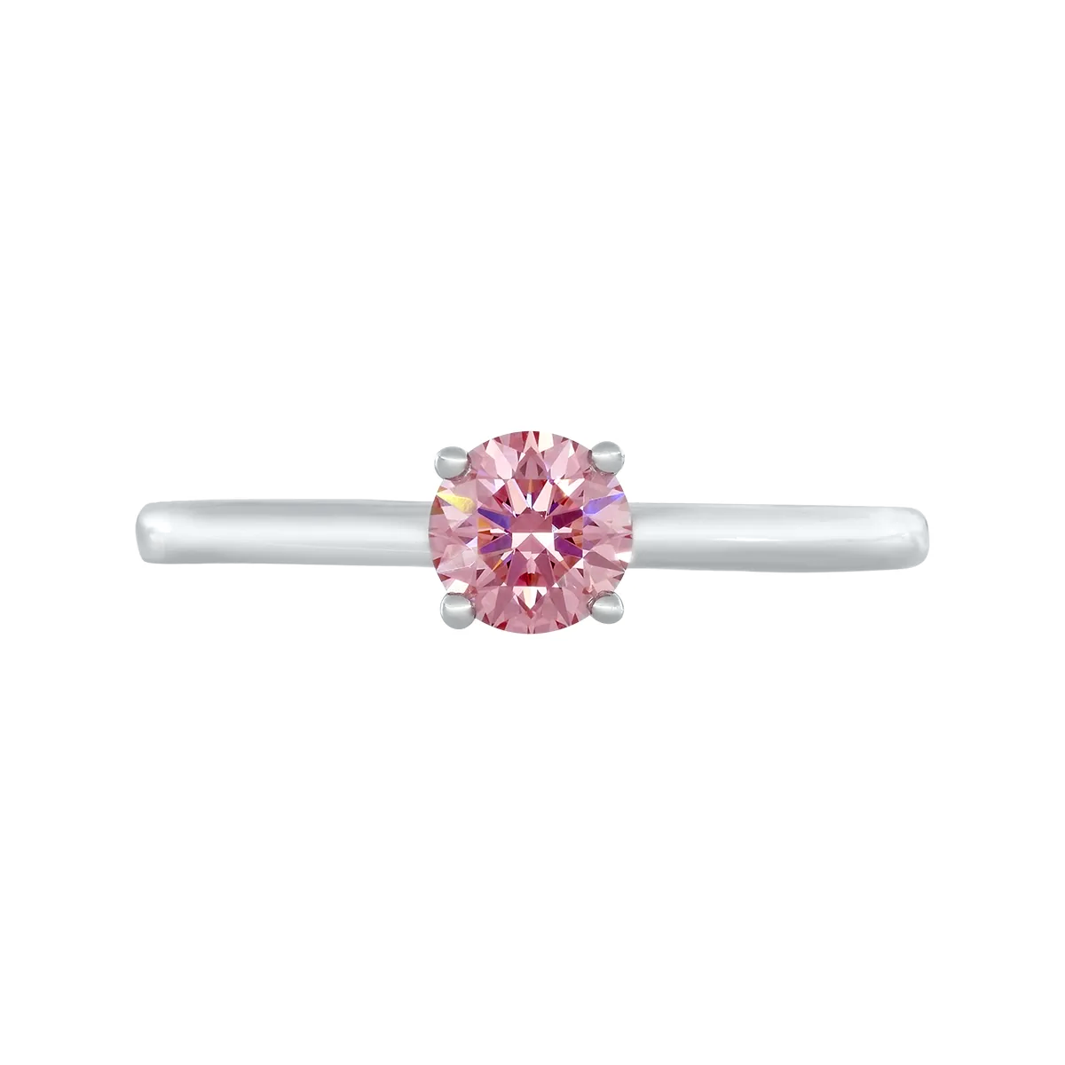 Anillo de compromiso solitario uñas, con diamante rosado de laboratorio central redondo IGI de 0.50ct, oro tono blanco 18k, rodinado