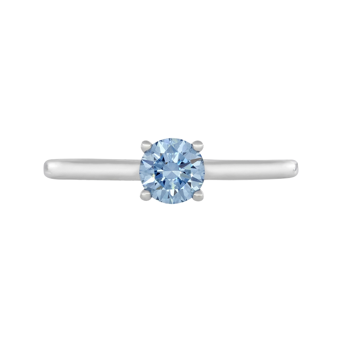Anillo de compromiso solitario uñas, con diamante azul de laboratorio central redondo IGI de 0.50ct, oro tono blanco 18k, rodinado