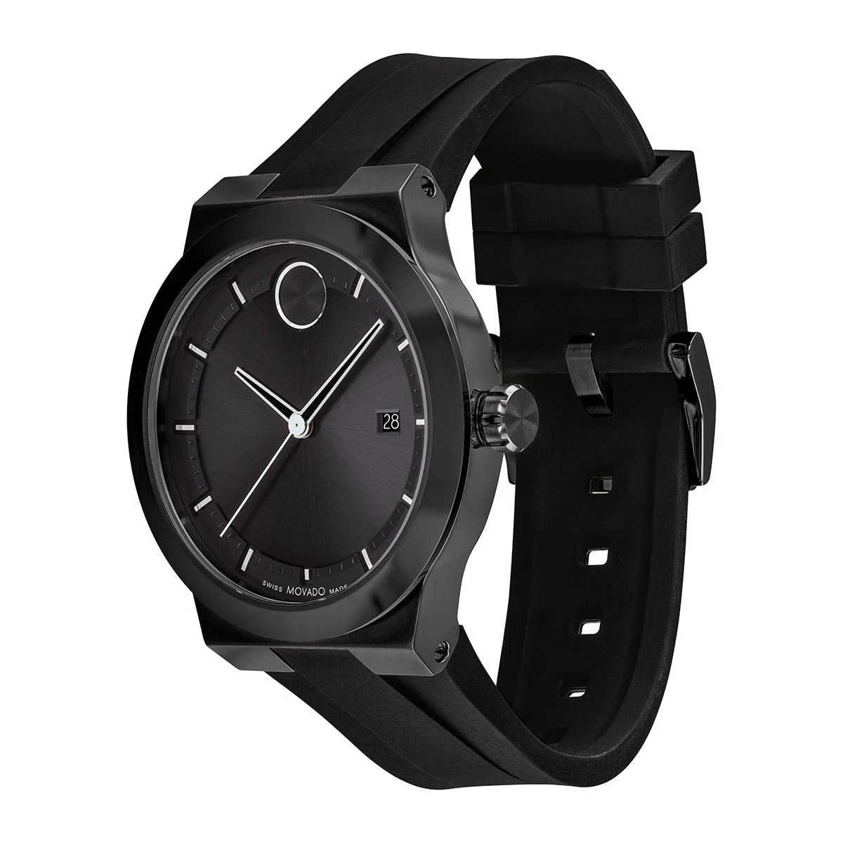 Reloj Movado análogo, para Hombre, tablero redondo color negro, estilo index, pulso silicona color negro, calendario