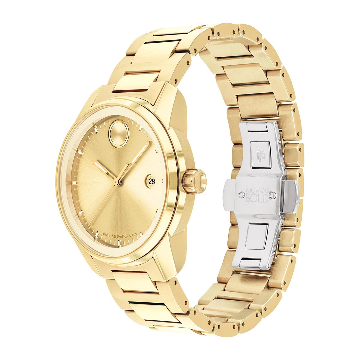 Reloj Movado análogo, para Hombre, tablero redondo color dorado, estilo index, pulso acero color dorado, calendario