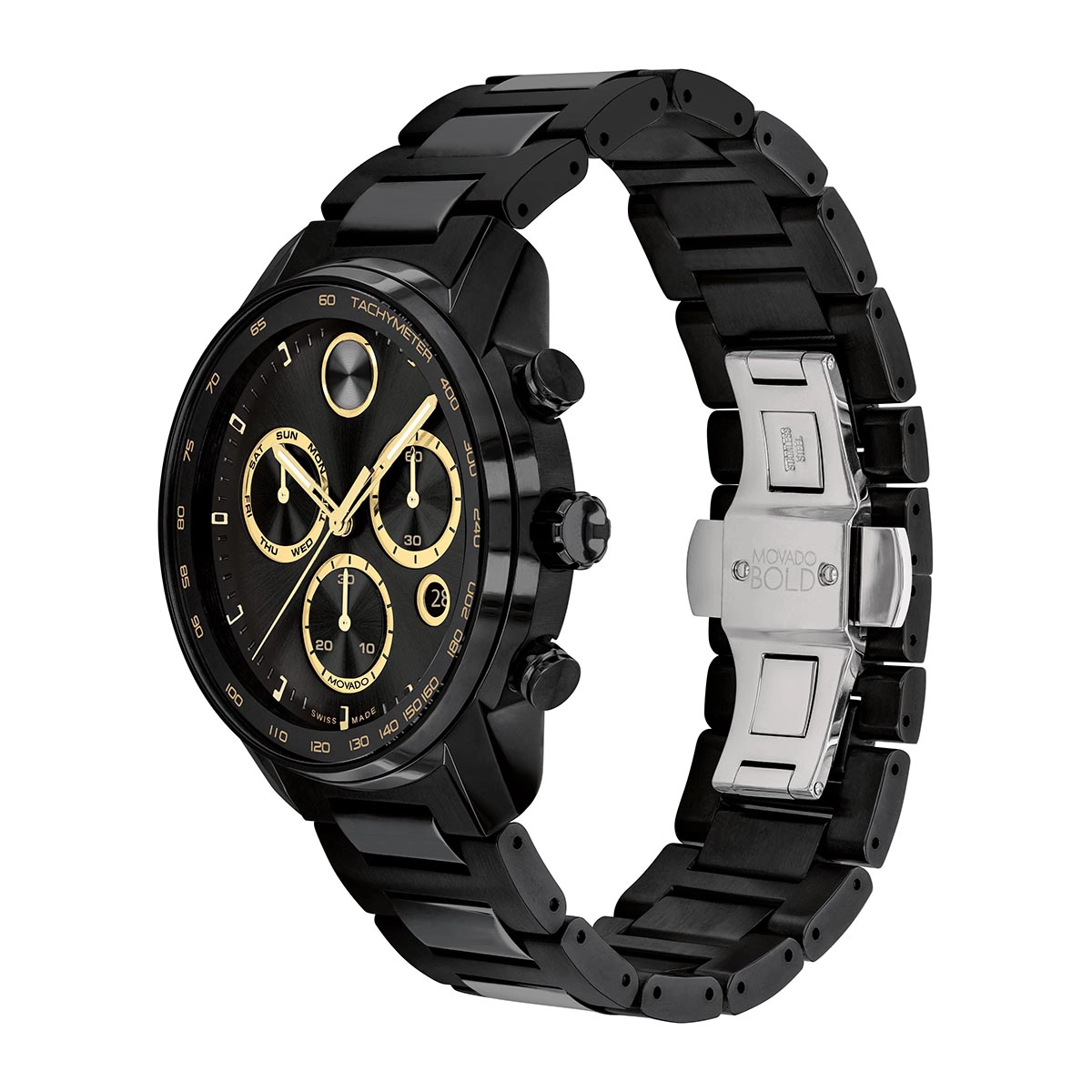 Reloj Movado análogo, para Hombre, tablero redondo colores negro y dorado, estilo index, pulso acero color negro, calendario, cronografo