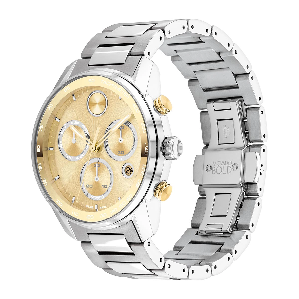 Reloj Movado análogo, para Hombre, tablero redondo colores dorado y plateado, estilo index, pulso acero color plateado, calendario, cronografo
