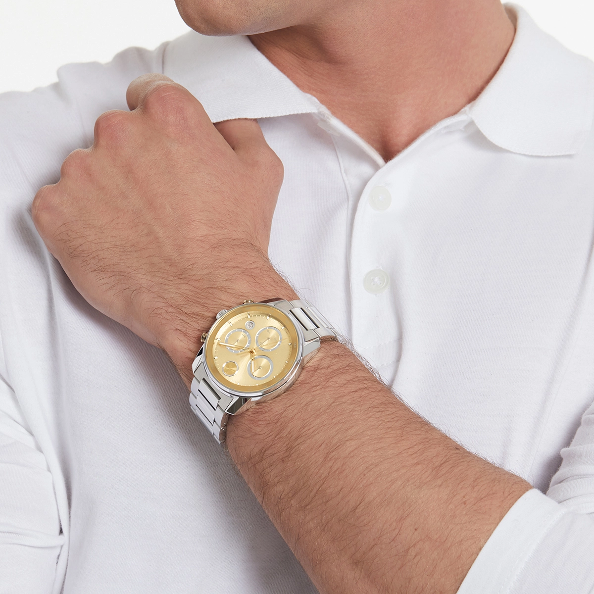 Reloj Movado análogo, para Hombre, tablero redondo colores dorado y plateado, estilo index, pulso acero color plateado, calendario, cronografo