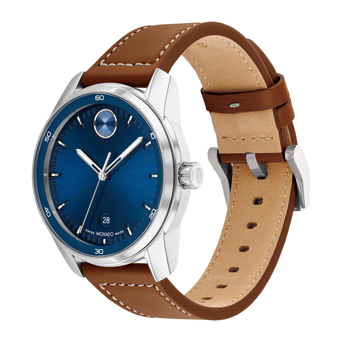 Reloj Movado analogo, para Hombre, tablero redondo color azul, estilo index, pulso cuero color café, calendario
