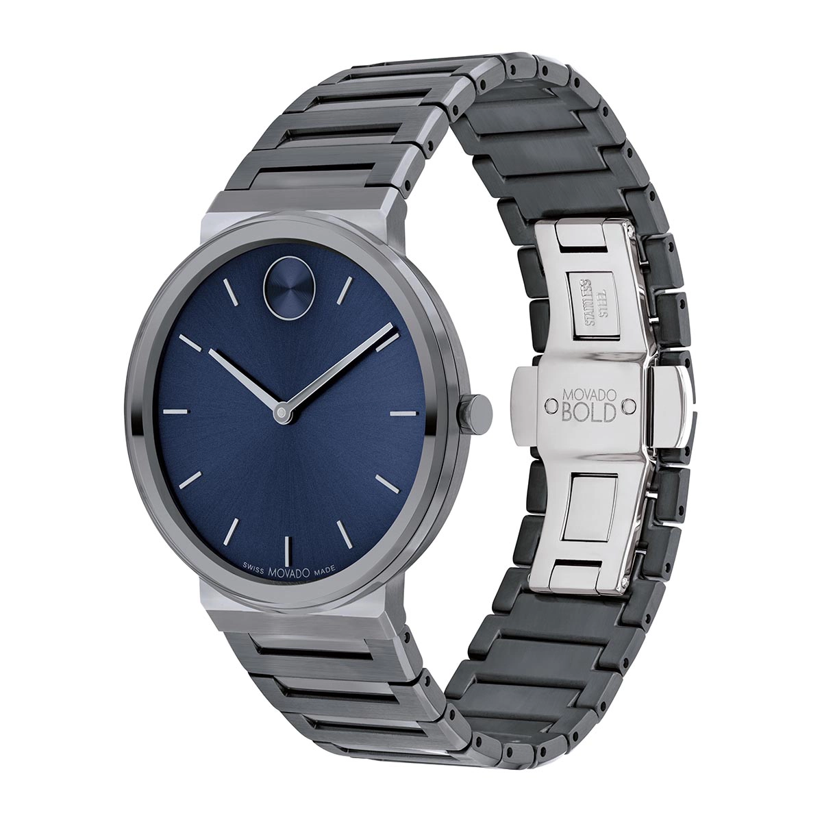 Reloj Movado análogo, para Hombre, tablero redondo color azul, estilo index, pulso acero color gris