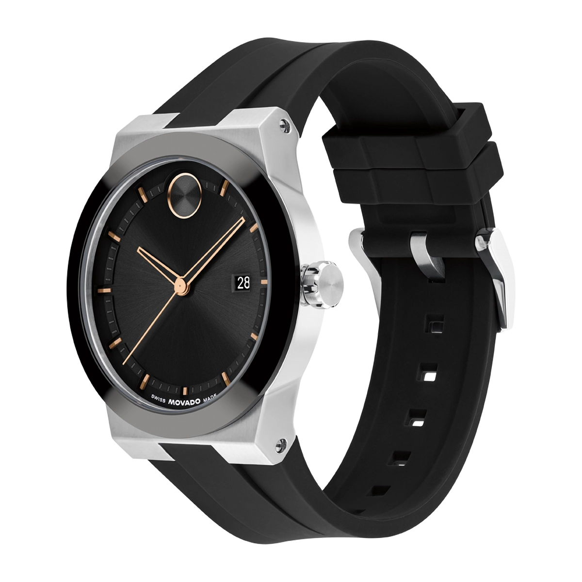 Reloj Movado análogo, para Hombre, tablero redondo color negro, estilo index, pulso silicona color negro, calendario