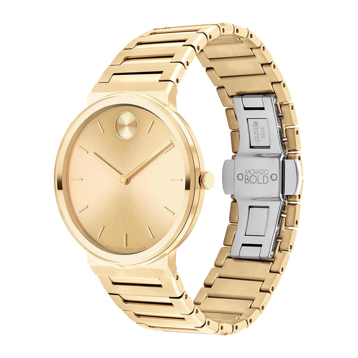 Reloj Movado análogo, para Hombre, tablero redondo color dorado, estilo index, pulso acero color dorado