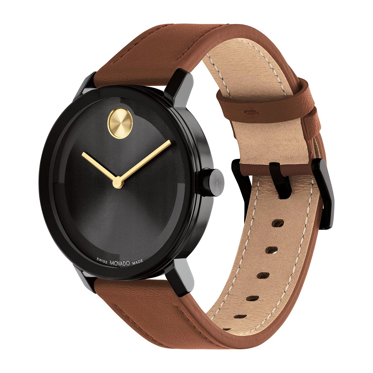 Reloj Movado análogo, para Hombre, tablero redondo colores negro y dorado, estilo sin números, pulso cuero color café