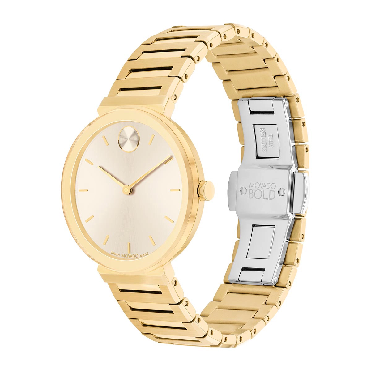 Reloj Movado análogo, para Dama, tablero redondo color dorado, estilo index, pulso acero color dorado