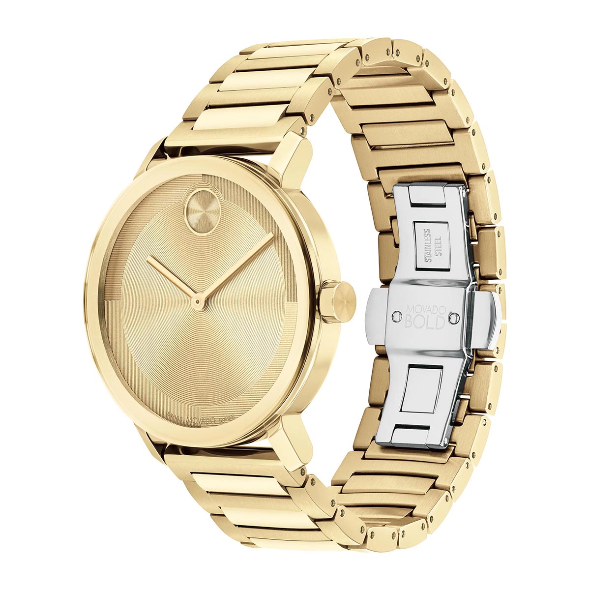 Reloj Movado análogo, para Hombre, tablero redondo color dorado, estilo sin números, pulso acero color dorado