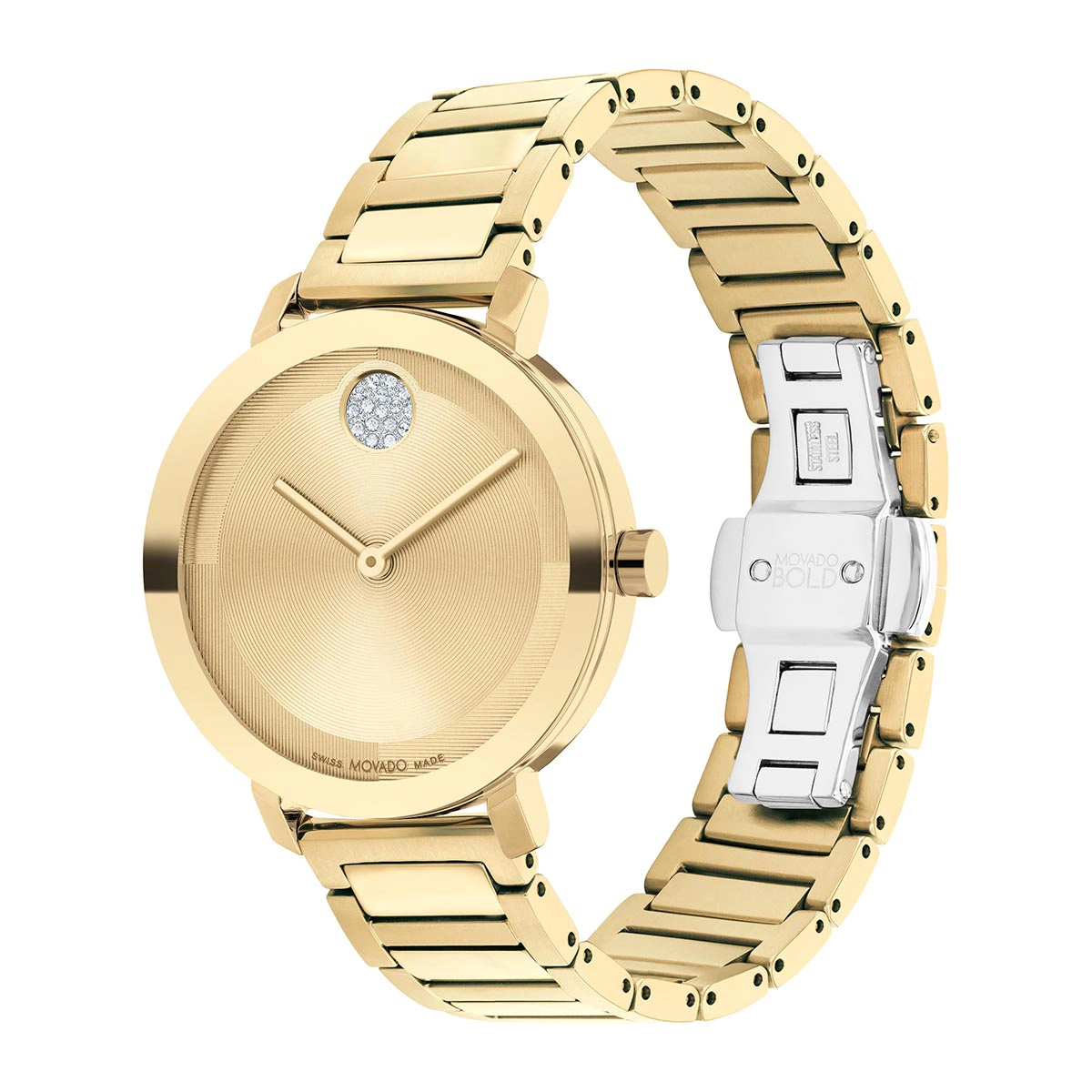 Reloj Movado análogo, para Dama, tablero redondo color dorado, estilo sin números, pulso acero color dorado