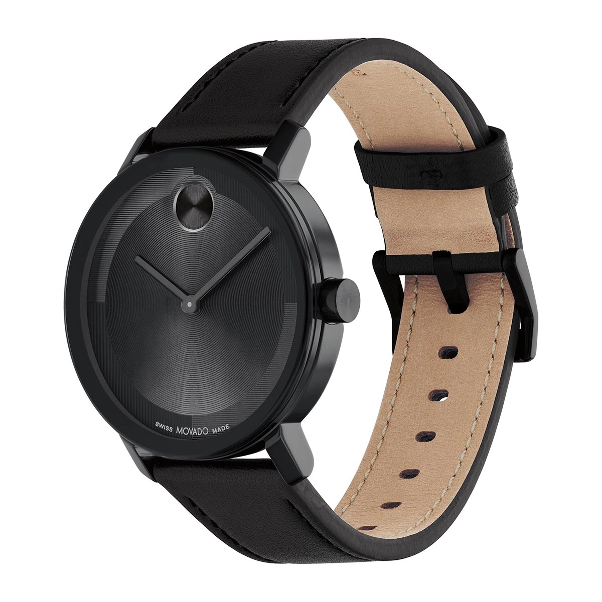 Reloj Movado análogo, para Hombre, tablero redondo color negro, estilo sin números, pulso cuero color negro