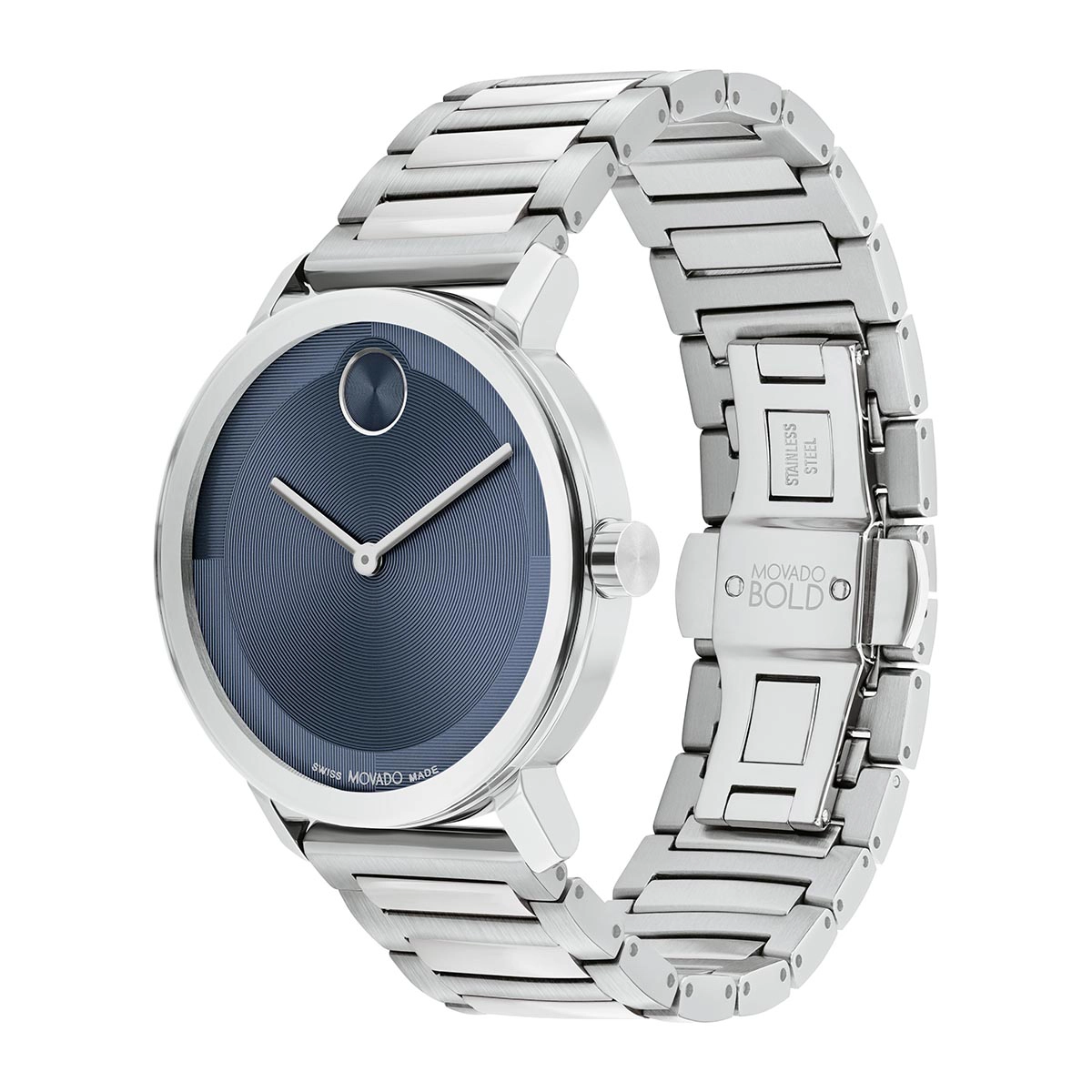 Reloj Movado análogo, para Hombre, tablero redondo colores azul y plateado, estilo sin números, pulso acero color plateado