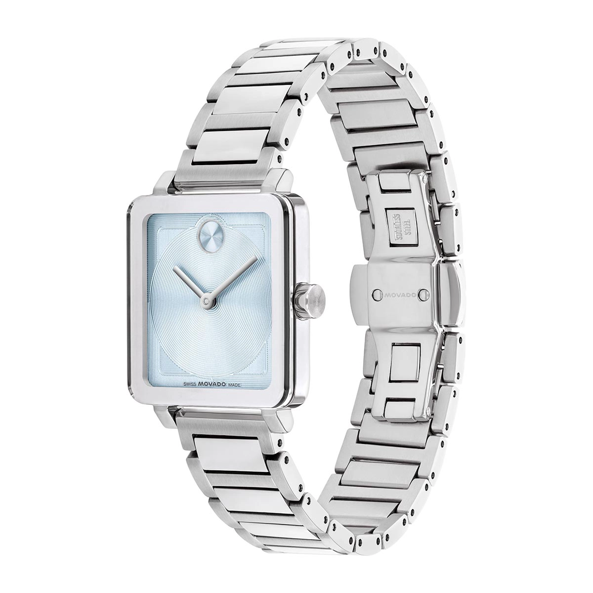 Reloj Movado análogo, para Dama, tablero rectangular colores azul y plateado, estilo sin números, pulso acero color plateado