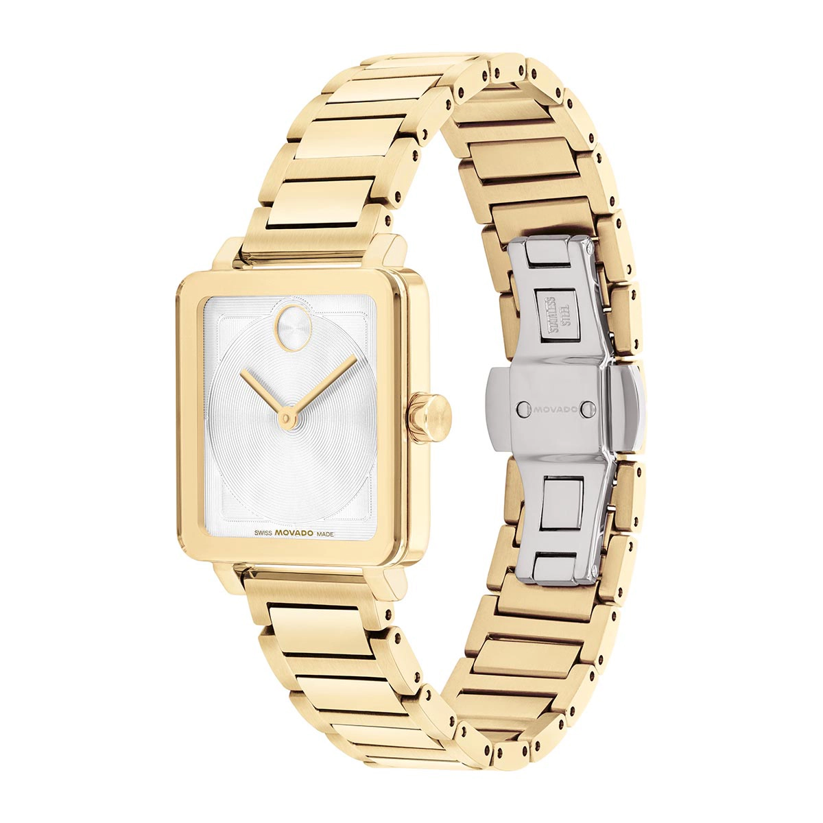 Reloj Movado análogo, para Dama, tablero rectangular colores plateado y dorado, estilo sin números, pulso acero color dorado