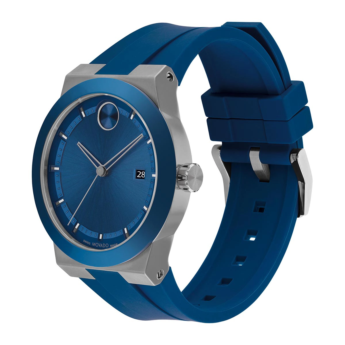 Reloj Movado análogo, para Hombre, tablero redondo color azul, estilo index, pulso silicona color azul, calendario